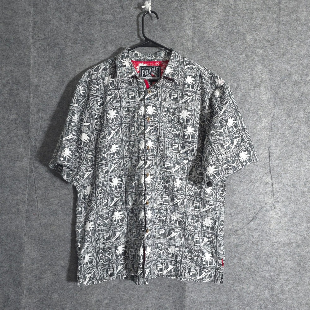 Pelagic Fishing Co. Shirt Mens XL Gray Palm Tree Shark Print Button Up Nautical